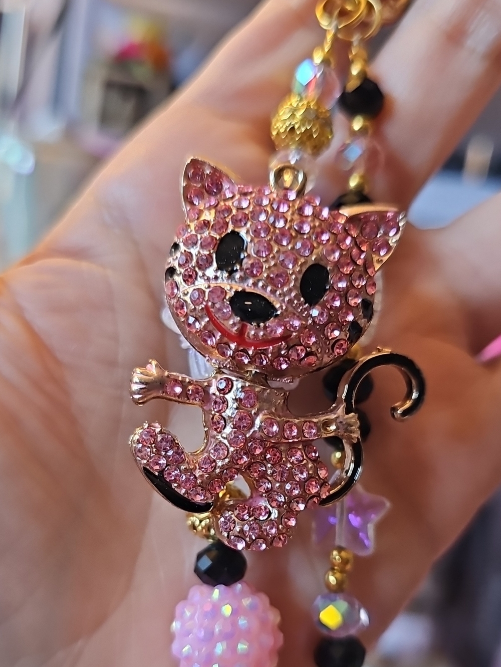 Pink Crystal Cat Pendant Purse Charm